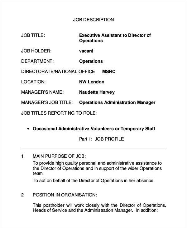 Personal Assistant To Executive Job Description - Executive Assistant and Membership Sales(NS) : Executive assistant's responsibilities include managing calendars, making travel arrangements and preparing expense reports.