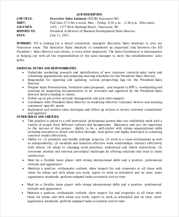 Executive Assistant Sales Job Description - Icg Administrative Assistant Job Description : Their duties include greeting customers who enter the store, managing the cash register or point of sale system and helping customers find products in their store.