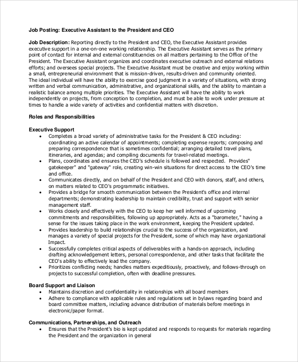 Free 8 Sample Executive Assistant Job Description Templates In Pdf Ms Word 2908