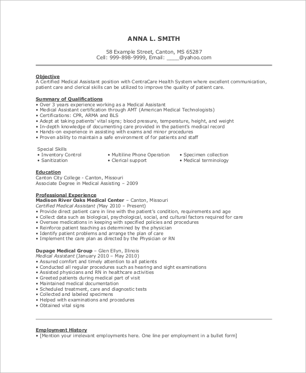 7+ Sample Medical Assistant Resumes  Sample Templates