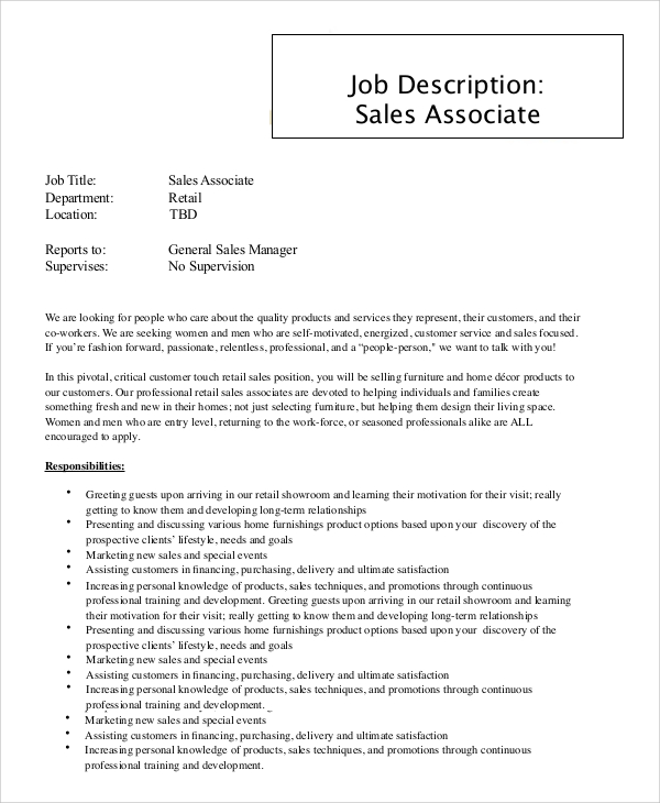 FREE 9+ Sample Sales Associate Job Description Templates in PDF MS Word