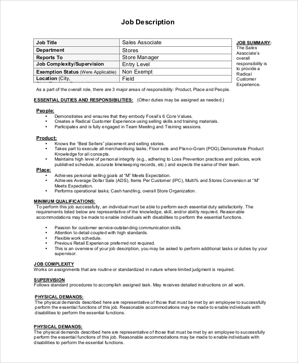 Free 9 Sample Sales Associate Job Description Templates In Pdf Ms Word 0522