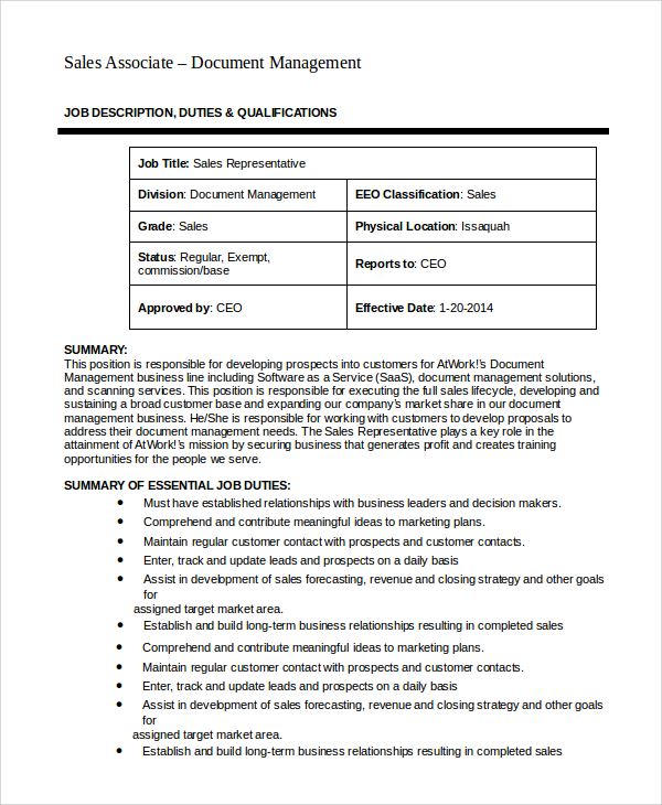 FREE 9 Sample Sales Associate Job Description Templates in PDF