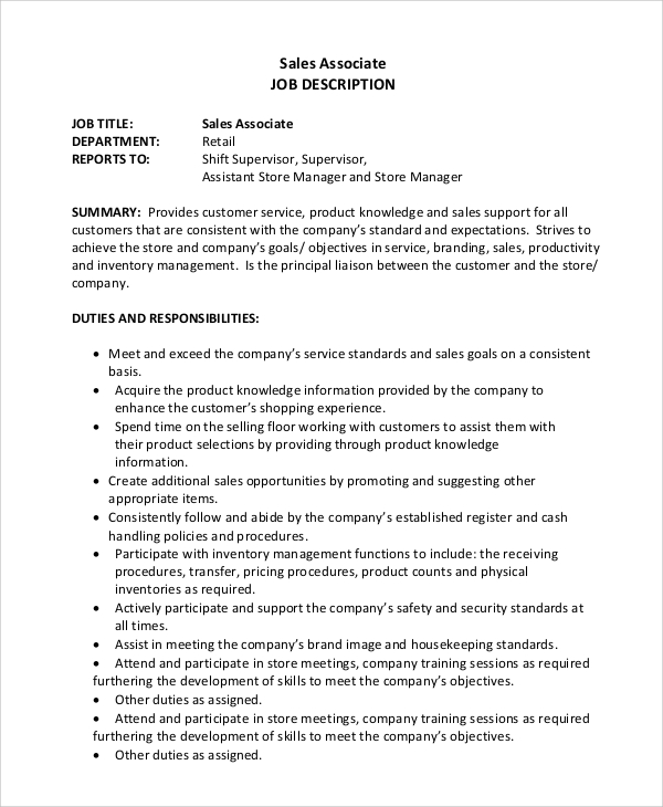 FREE 9+ Sample Sales Associate Job Description Templates in PDF MS Word