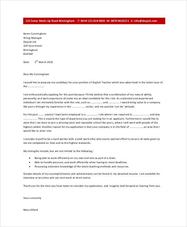 sample cover letter for teaching job