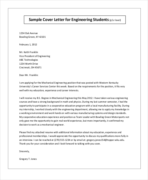 sample cover letter for engineering job