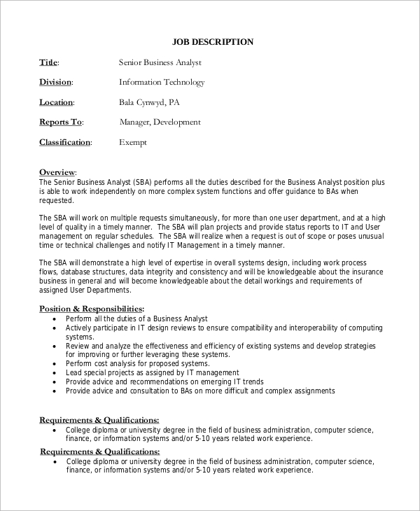 FREE 7+ Sample Business Analyst Job Description Templates in PDF