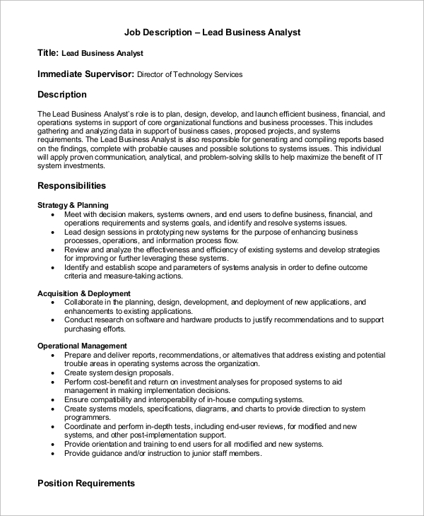 business planning and analyst job description