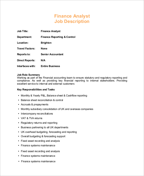 financial business analyst job description