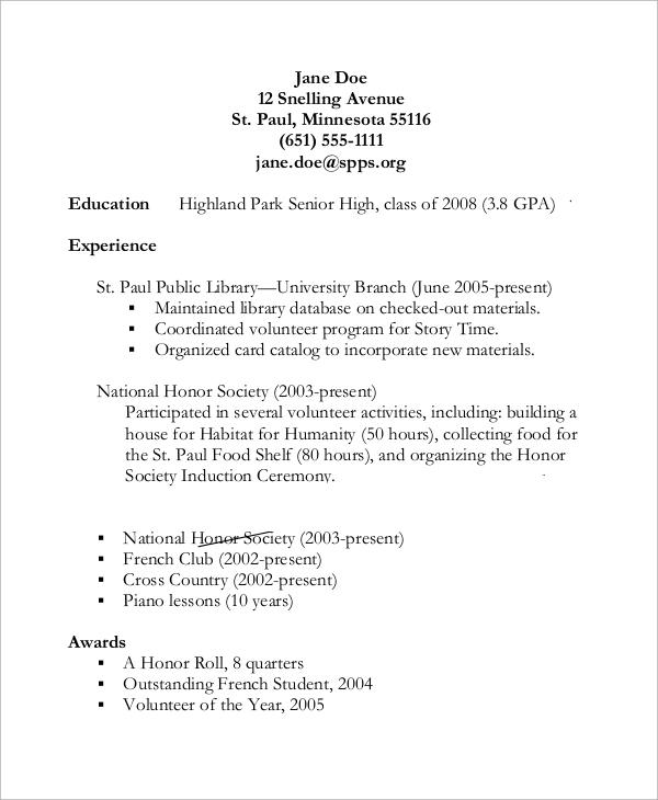 resume templates for high schoolers