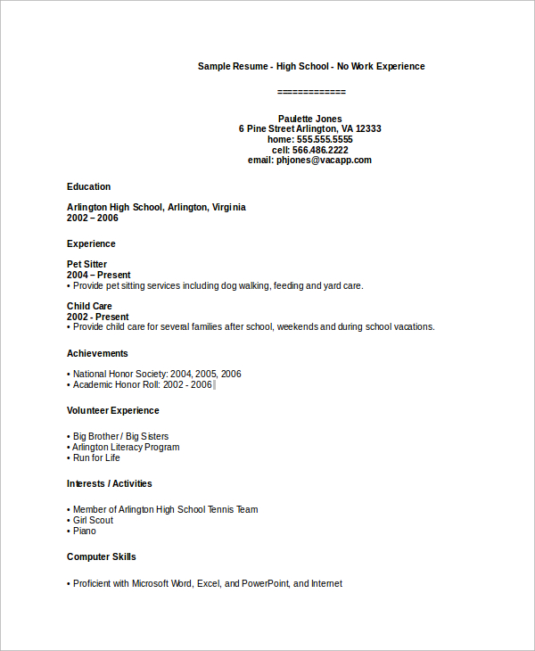 no experience resume template high school student