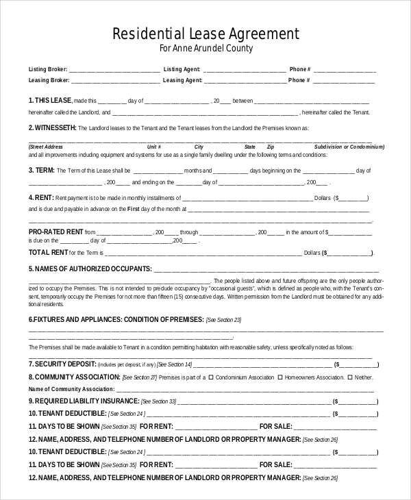 printable residential lease agreement