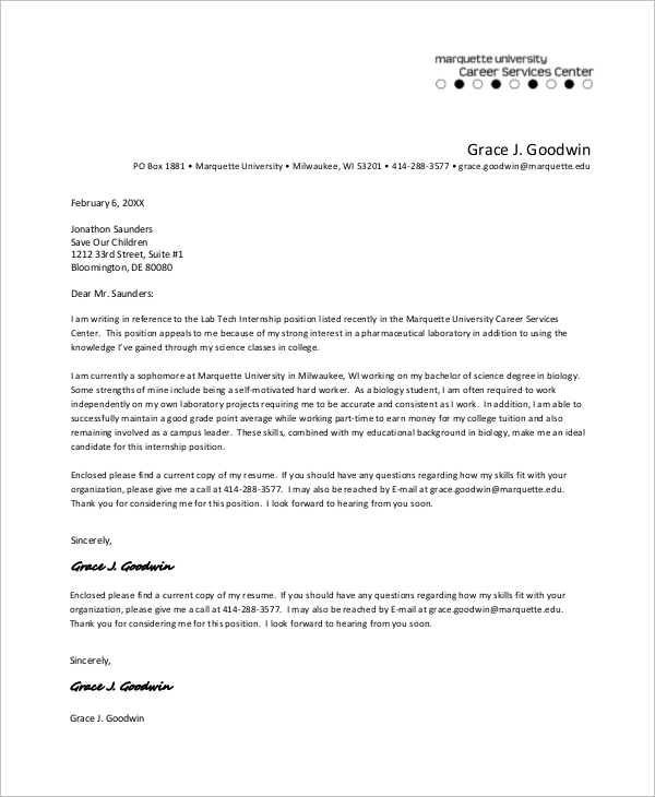 Sample cover letter for college internship