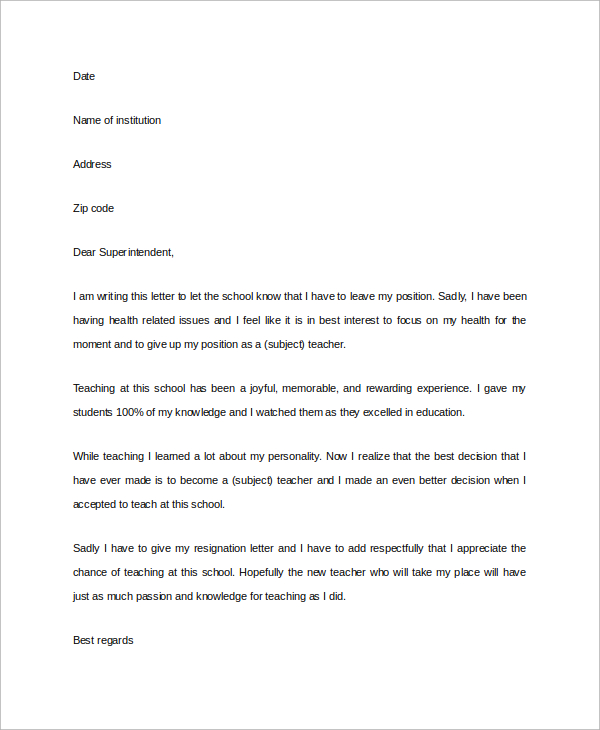 teacher resignation letter sample2