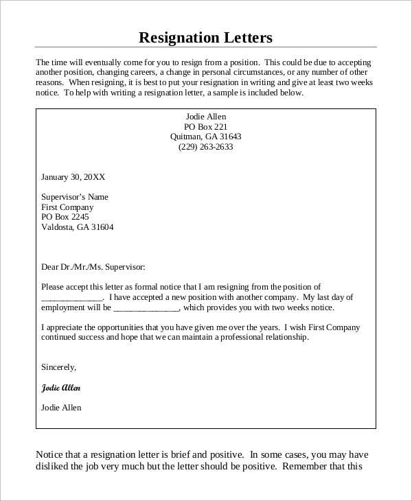 good reason resign 7 Resignation Letter PDF  in Sample Examples  of