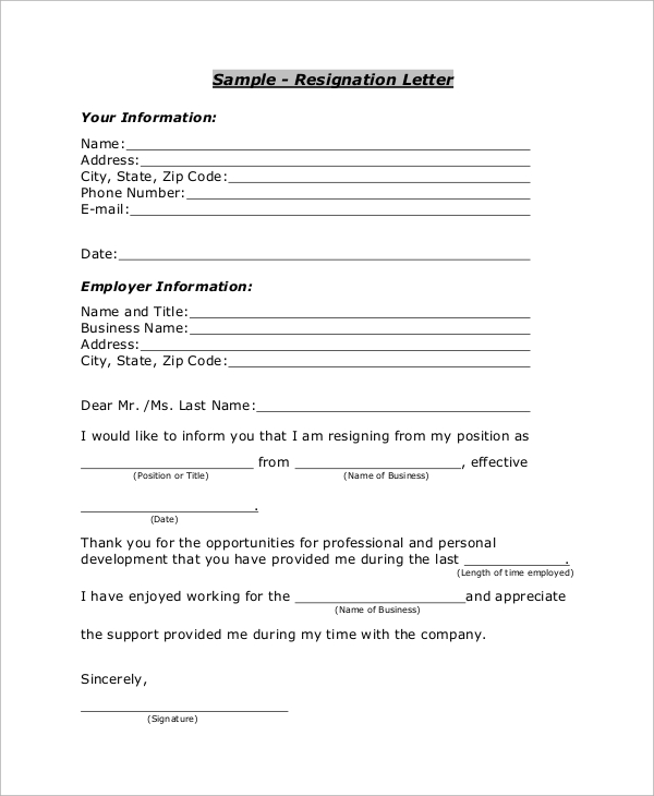 sample resignation letter 