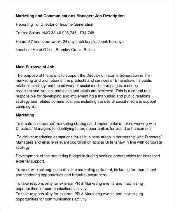 Director Marketing Communications Job Description