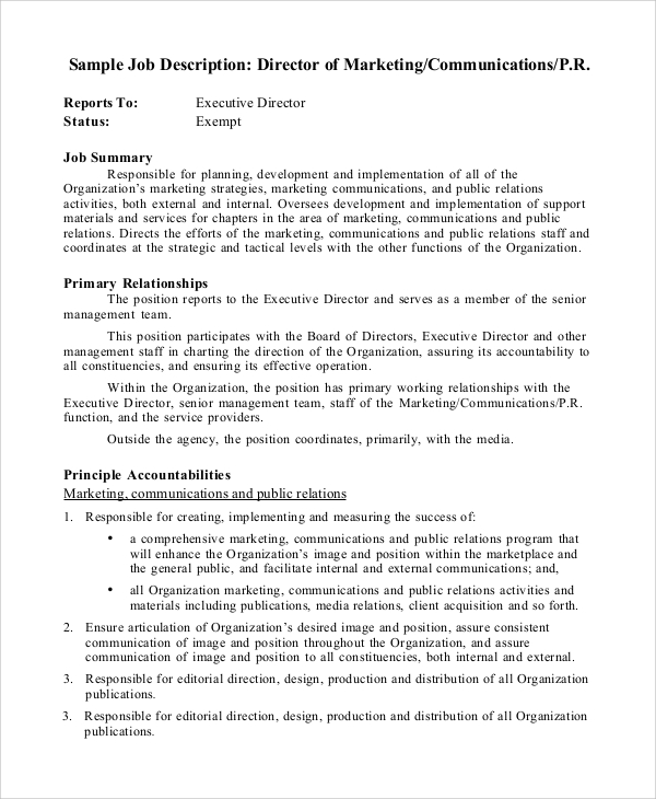 Marketing Manager Job Description Resume