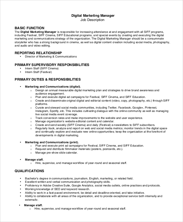 job responsibilities of marketing manager in education sector