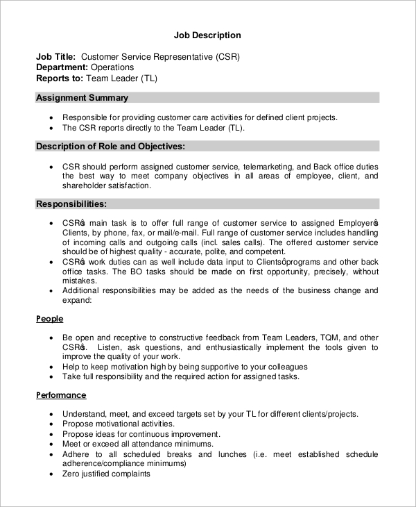 customer service representative job description