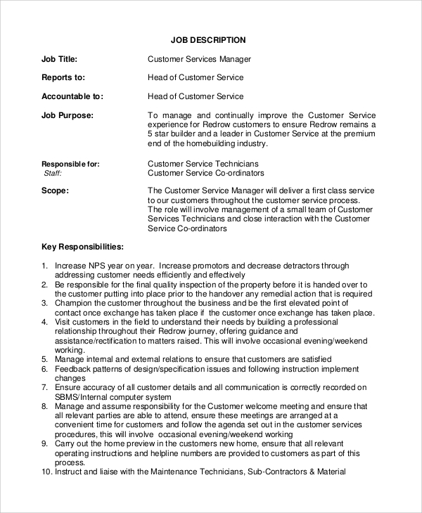 customer service leader job description for resume