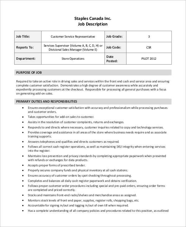 Customer service job description samples for resume