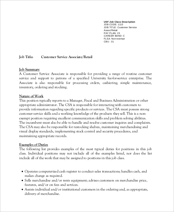 Customer service job description template