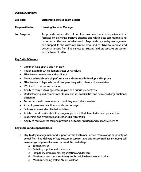 customer service team leader job description