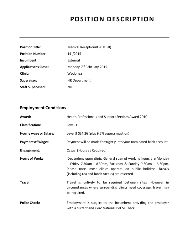 Job Description Template For Medical Receptionist