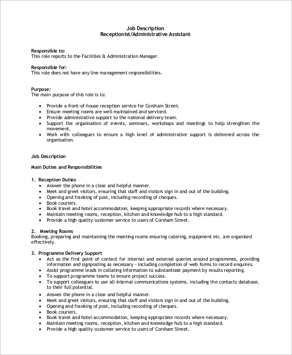 job description for receptionist administrative assistant