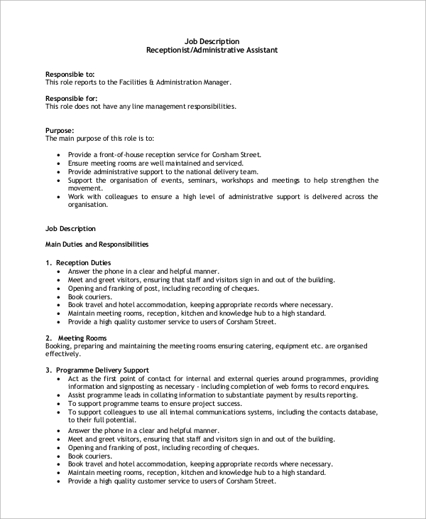 Deskripsi Pekerjaan Receptionist Irene Smith   Job Description For Receptionist Administrative Assistant 