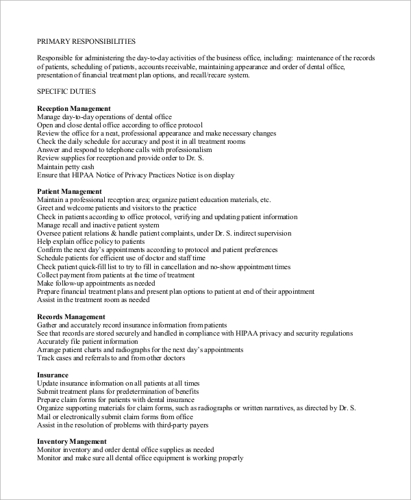 FREE 11 Sample Receptionist Job Descriptions In MS Word PDF   Dental Receptionist Job Description 