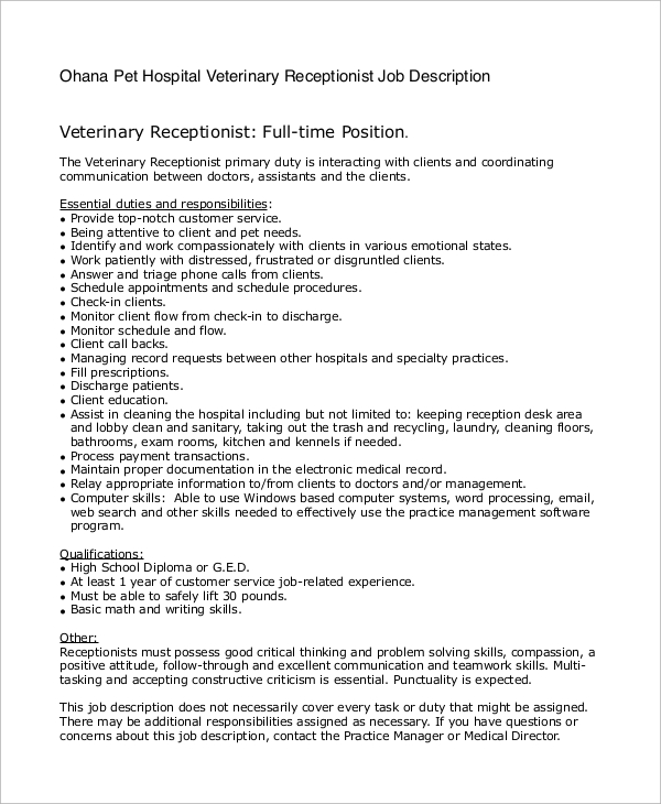 Free 11 Sample Receptionist Job Descriptions In Ms Word Pdf