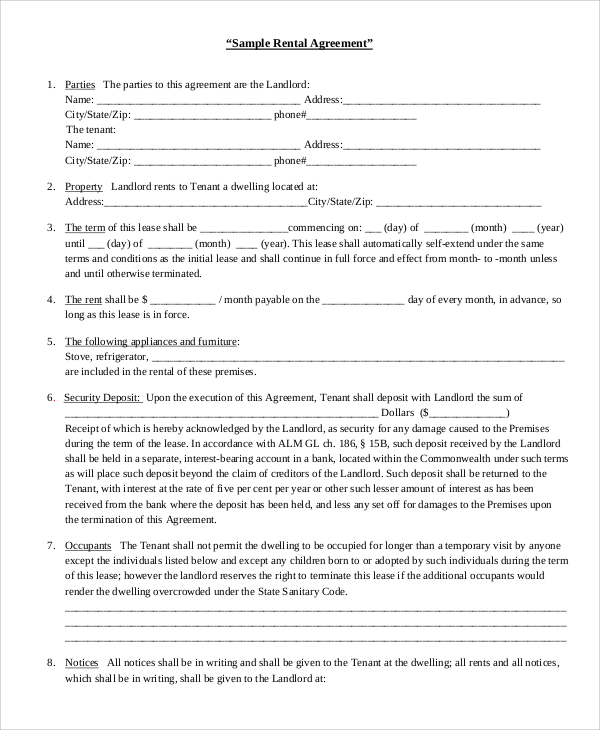 Rental Agreement Form Free Editable