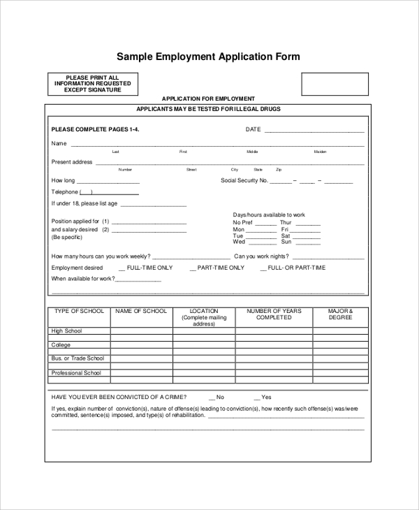 employment application form