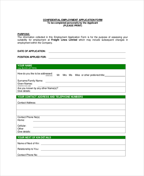 confidential employment application form