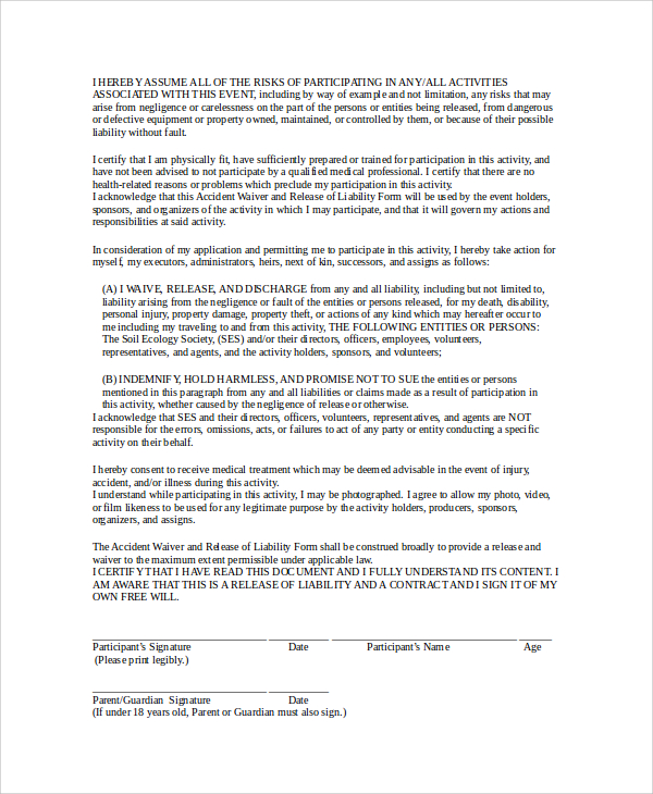 accident waiver release of liability form