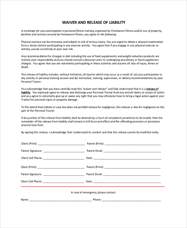waiver and release of liability form sample
