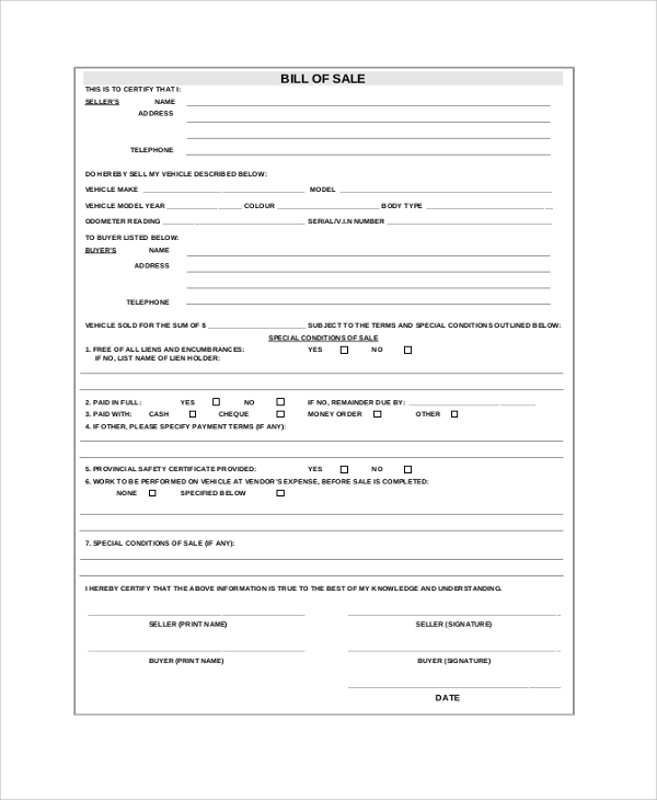 sample auto bill of sale form