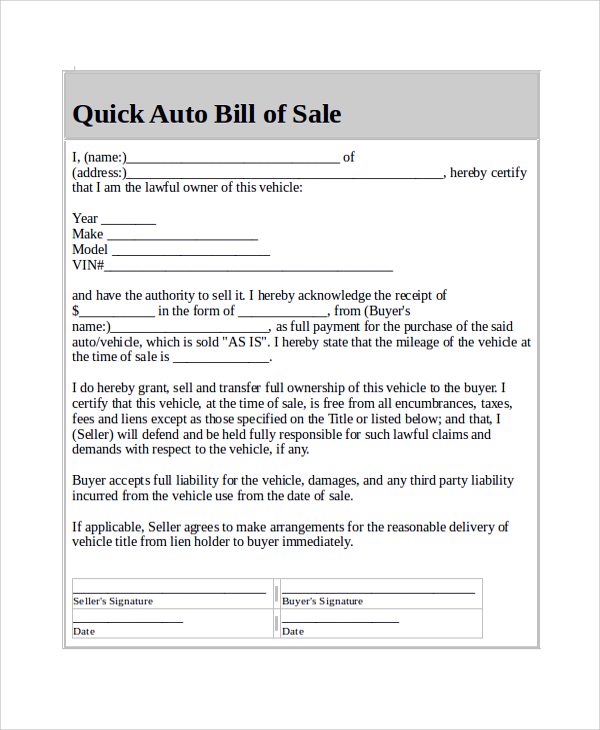 quick auto bill of sale