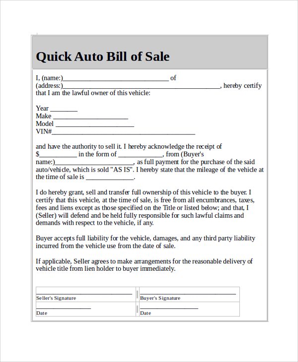 Free 8 Sample Auto Bill Of Sale Templates In Pdf Ms Word 1383