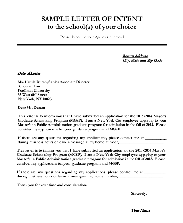 sample letter of intent for graduate school