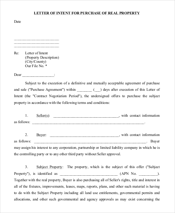 sample letter of intent to purchase