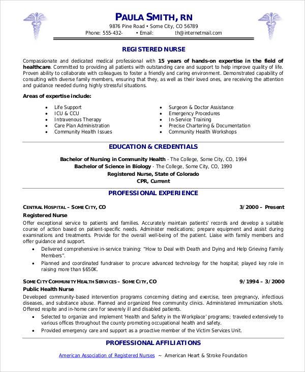 resume template examples for a registered nurse