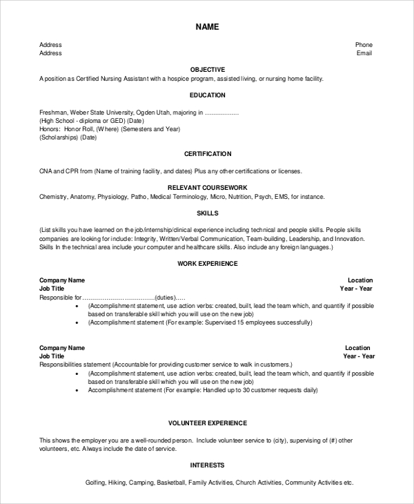 resume templates for certified nursing assistant