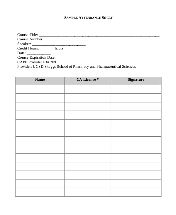 attendance sheet format