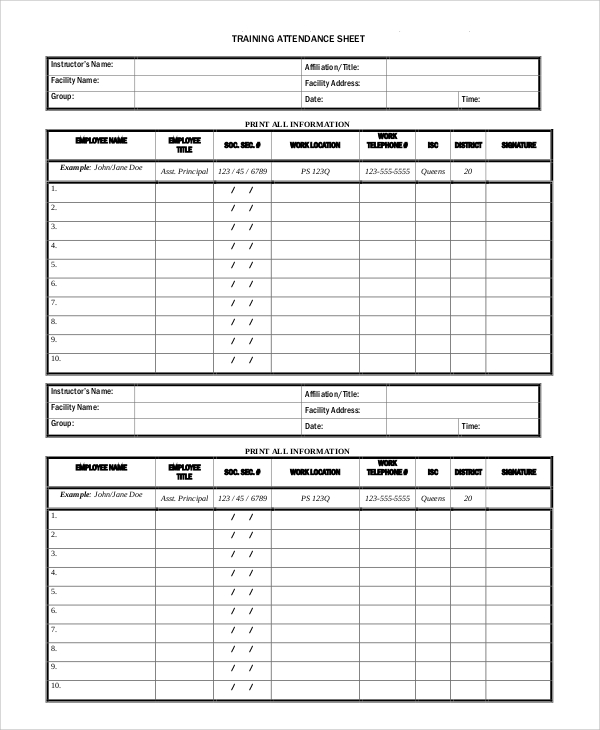 training attendance sheet
