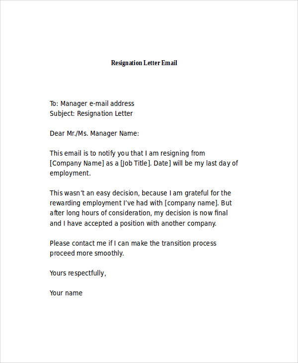 resignation letter example email
