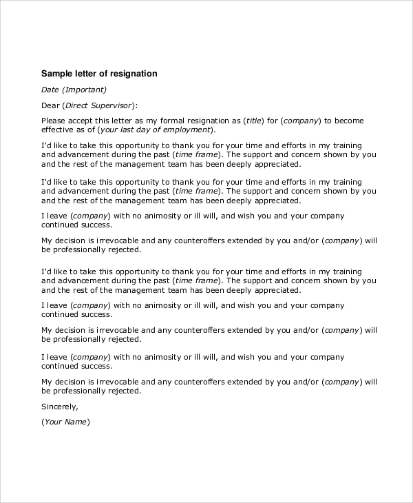 resignation letter example formal
