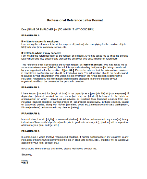 professional reference letter format